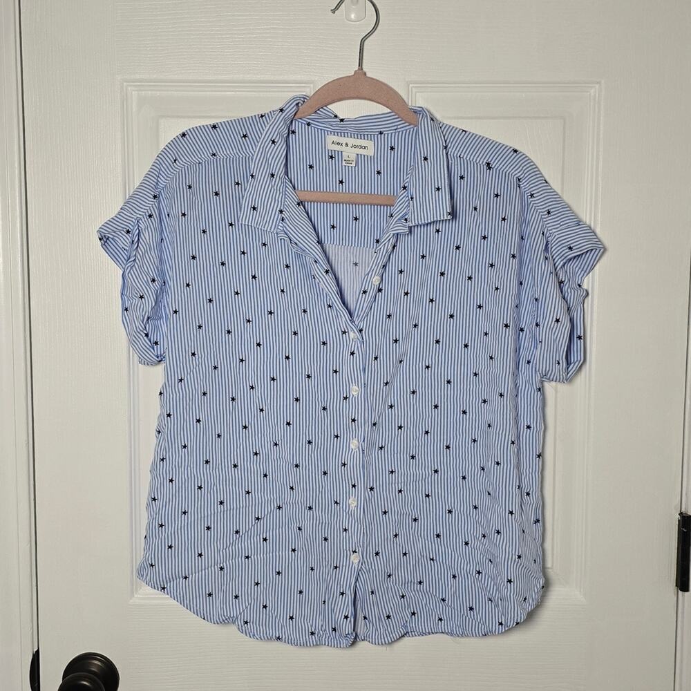Alex & Jordan Blue White Striped Star Print Button Down Shirt L